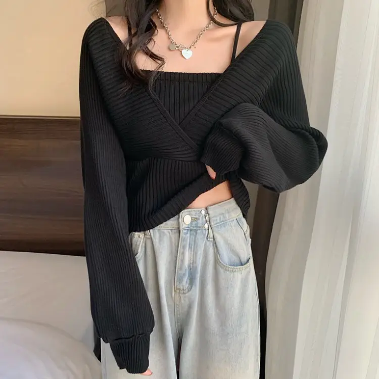 Black French Niche Waist Slimmer Knit Top for Women - Image 6