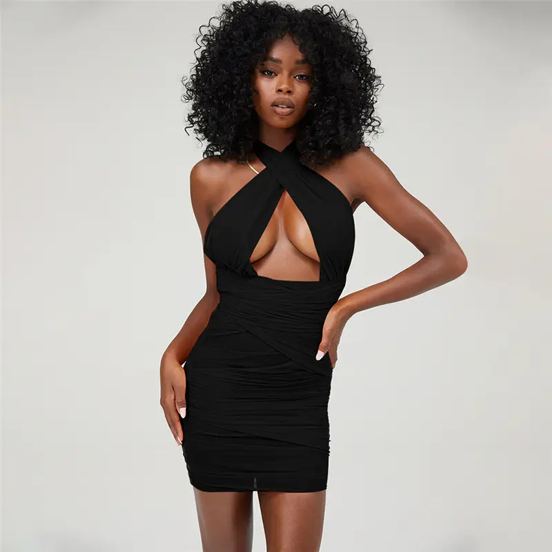 Women's Brown Cross Strap Neck Dress with High Skirt - Image 2