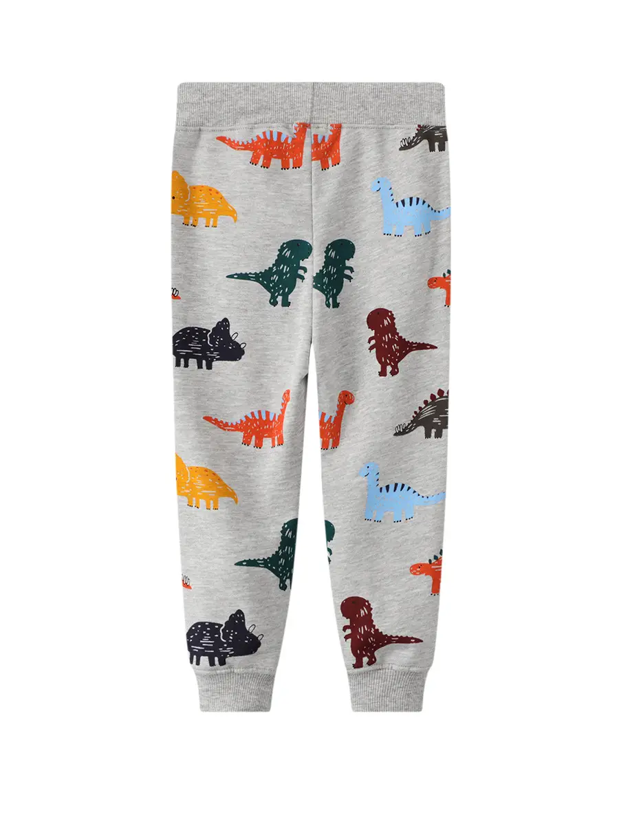 2025 Kids Dinosaur Printed Cotton Pants Grey Medium Small - Image 3