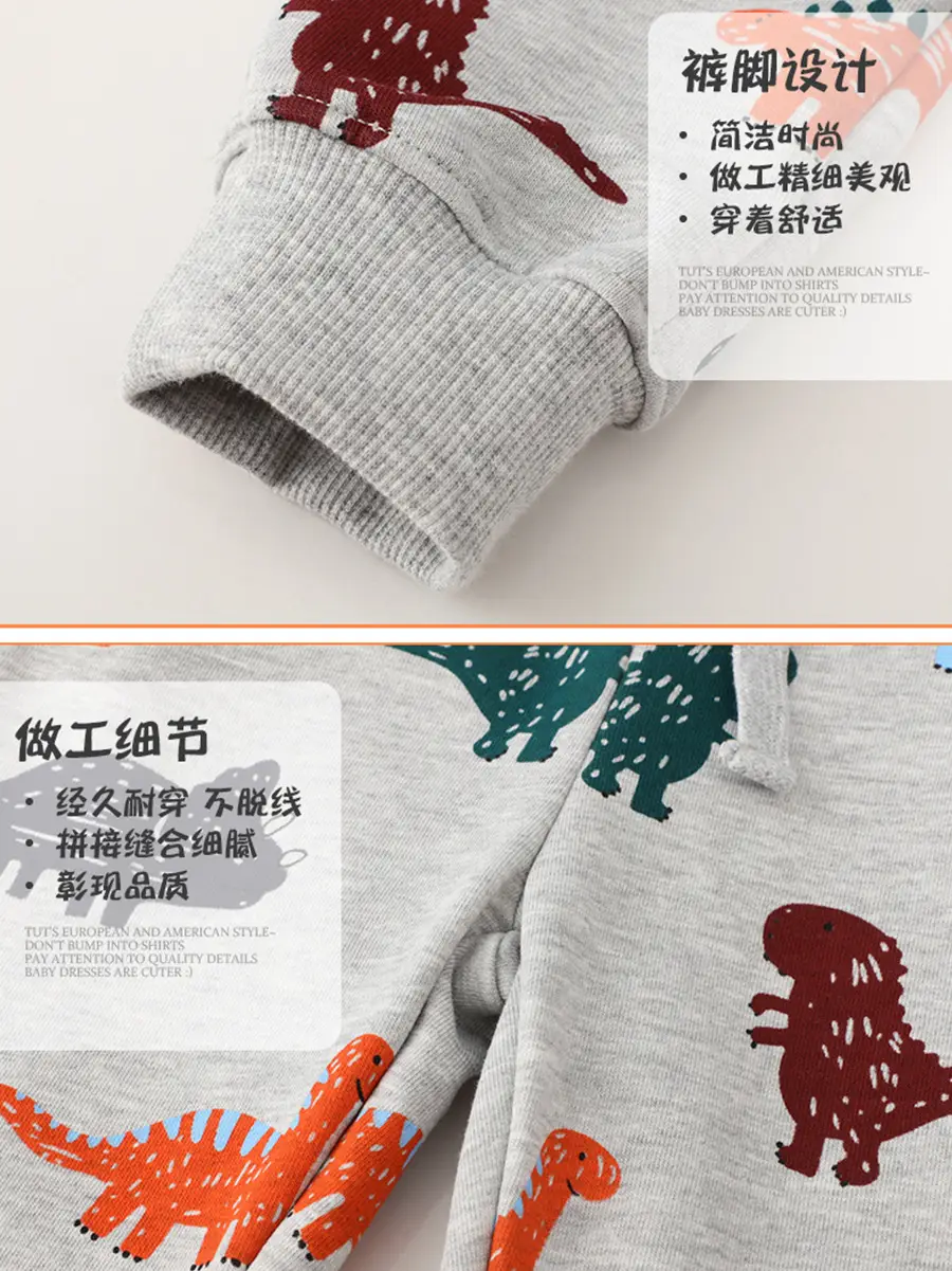 2025 Kids Dinosaur Printed Cotton Pants Grey Medium Small - Image 4