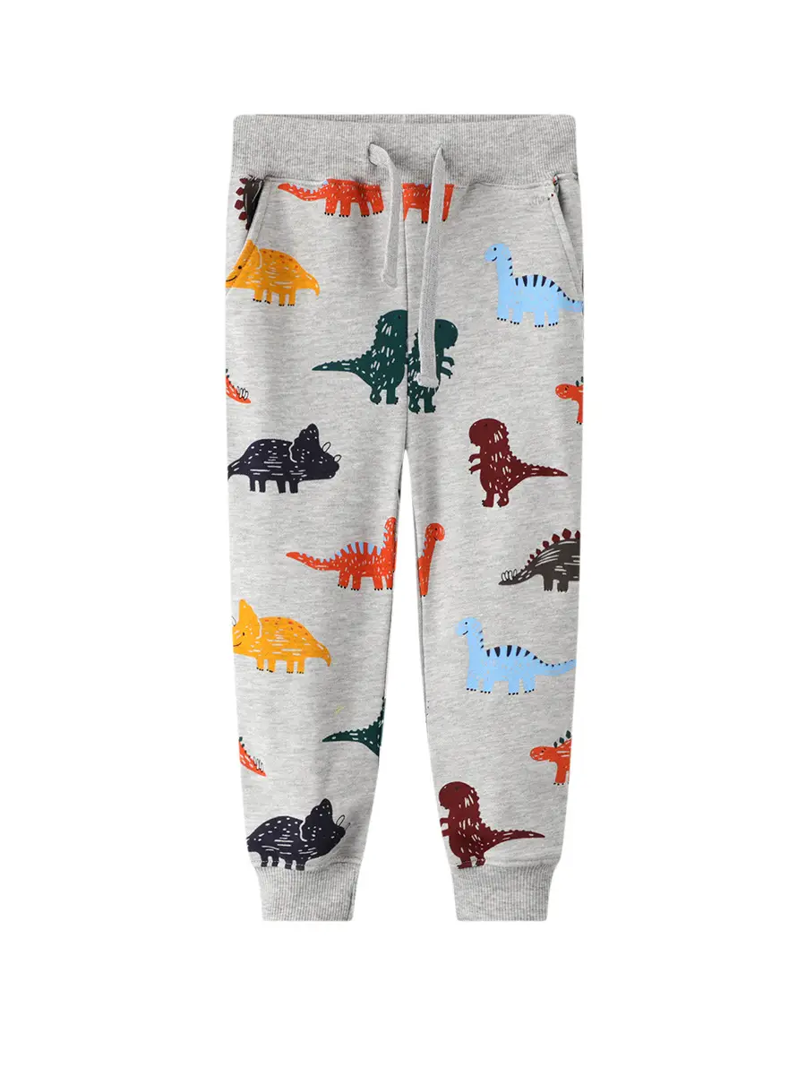 2025 Kids Dinosaur Printed Cotton Pants Grey Medium Small - Image 6