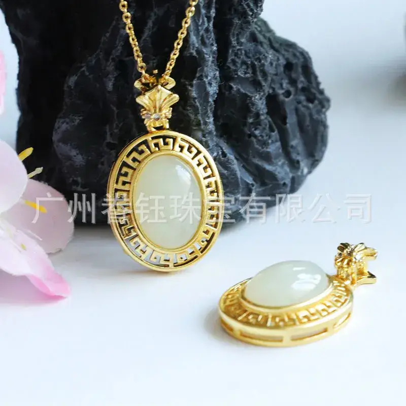 Guan Yu Inlaid Jade Pendant Necklace White Jade Egg Shaped - Image 5