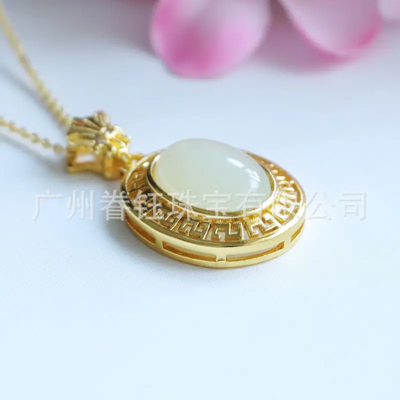 Guan Yu Inlaid Jade Pendant Necklace White Jade Egg Shaped — feature 12