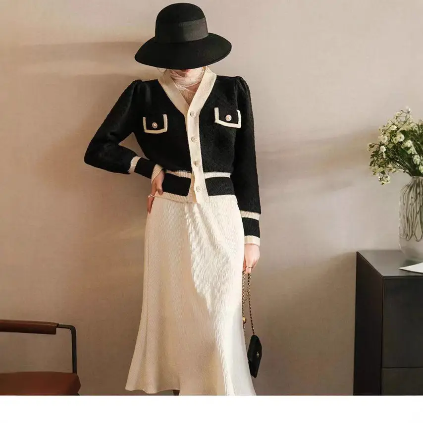 Women's Black White Knitted Cardigan Jacket with Embroidered Details - Image 3