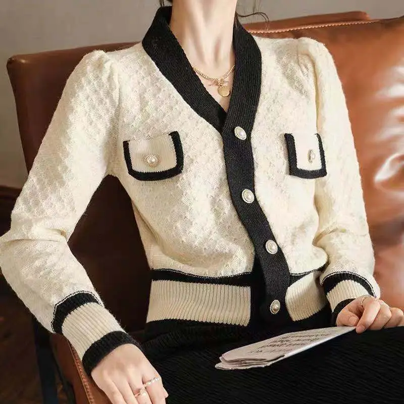 Women's Black White Knitted Cardigan Jacket with Embroidered Details - Image 4