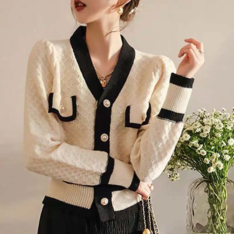 Women's Black White Knitted Cardigan Jacket with Embroidered Details - Image 5