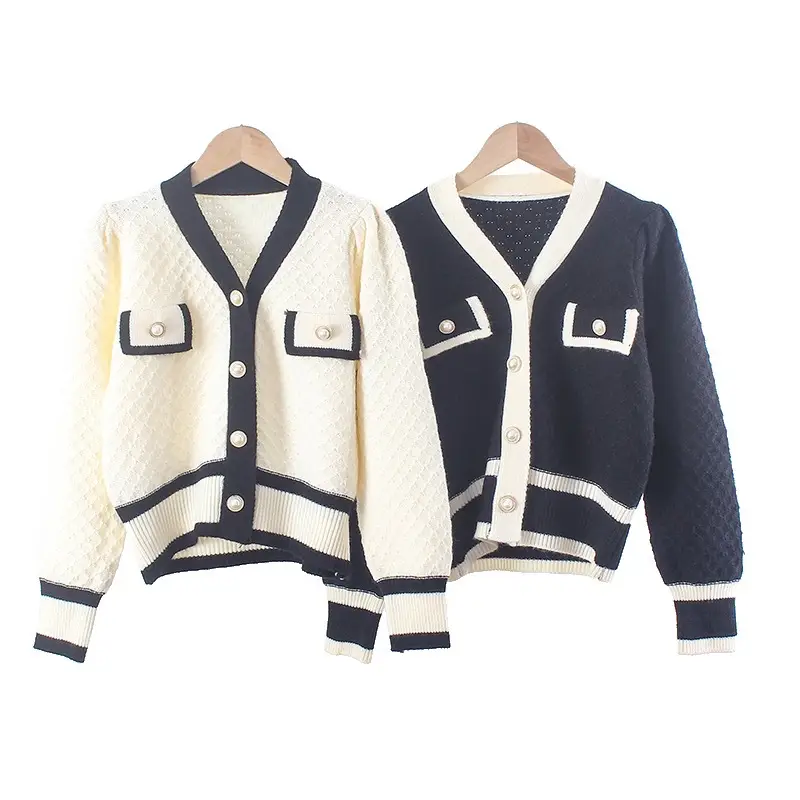 Women's Black White Knitted Cardigan Jacket with Embroidered Details — feature 12
