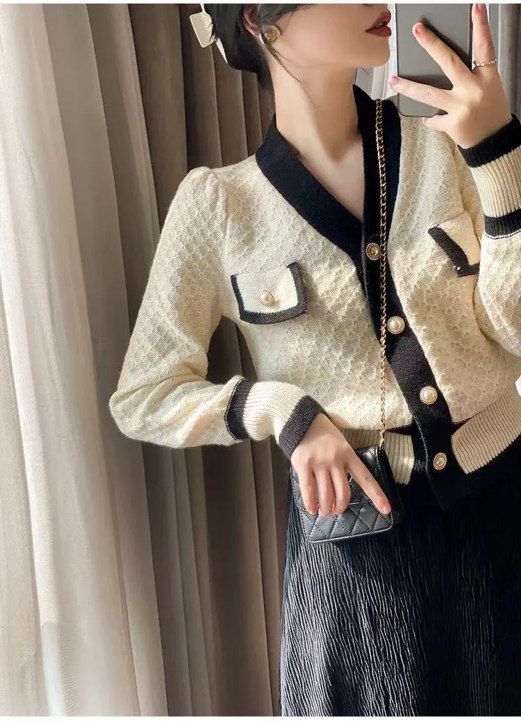 Women's Black White Knitted Cardigan Jacket with Embroidered Details — feature 3