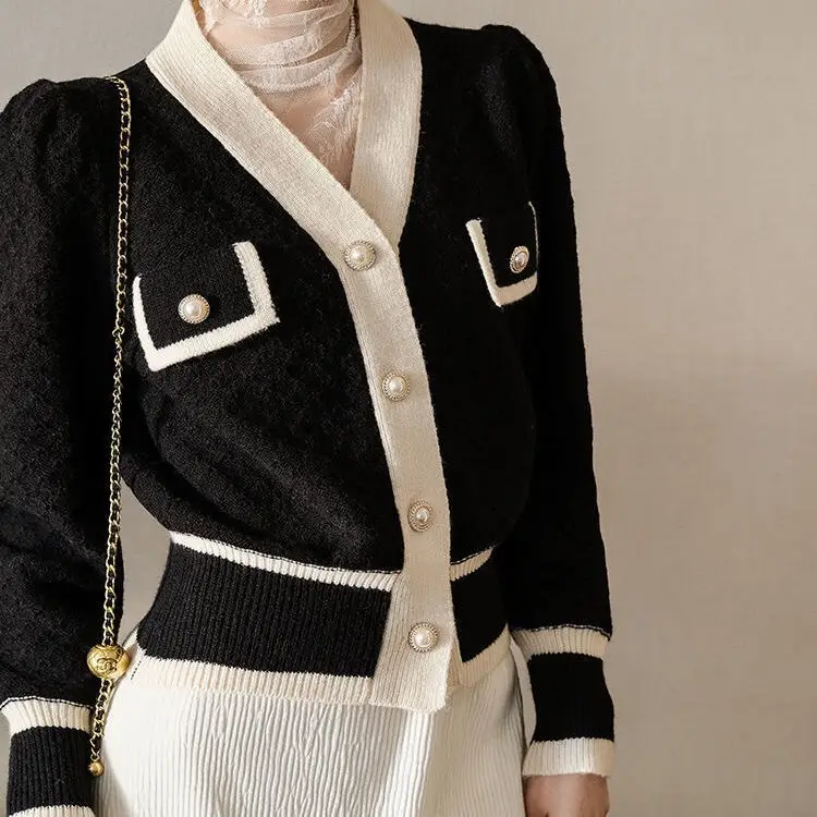 Women's Black White Knitted Cardigan Jacket with Embroidered Details — feature 7