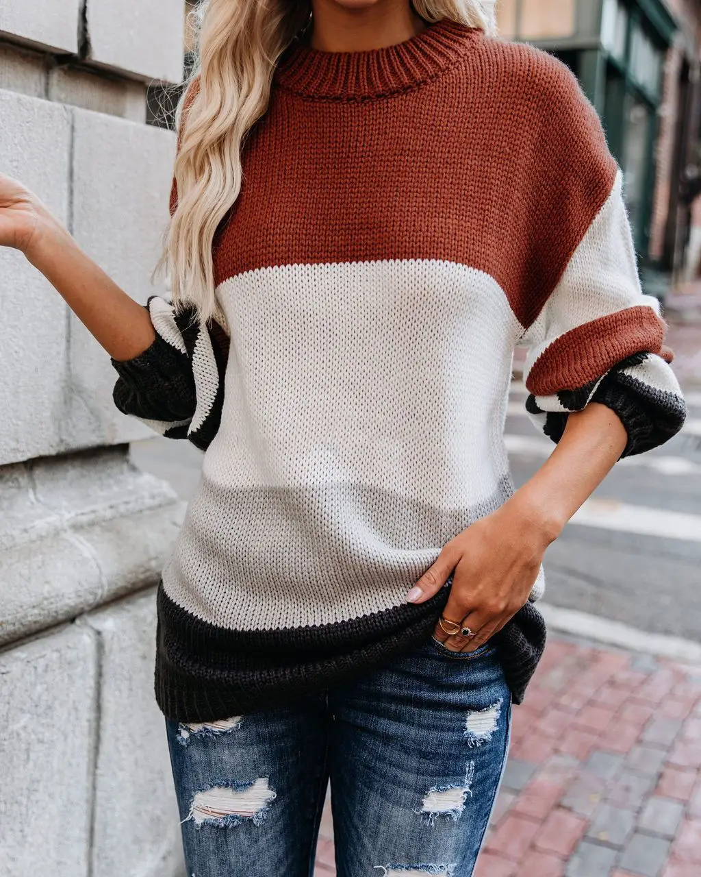2024 Women's Blue Mint Crew Neck Striped Sweater - Image 3