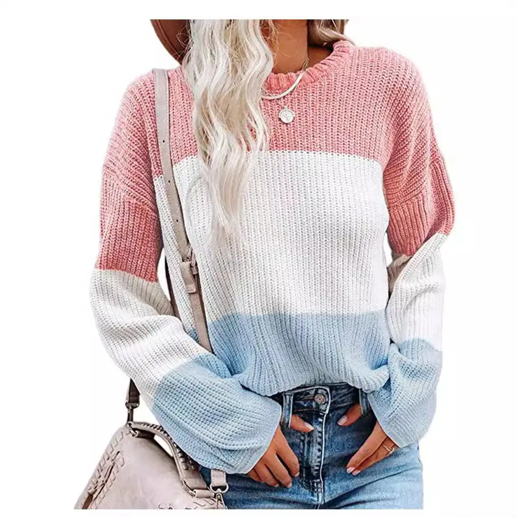 Women Knitted Lantern Sleeve Sweater Beige Blue White - Image 10
