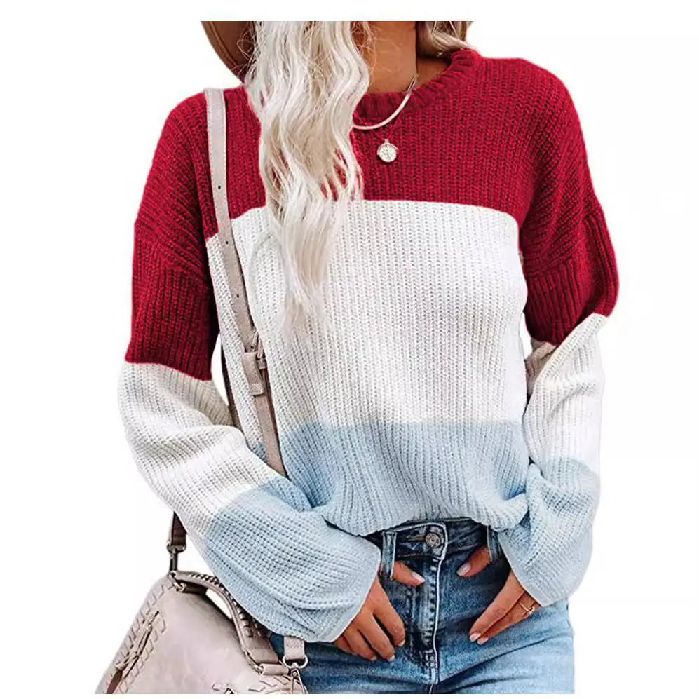 Women Knitted Lantern Sleeve Sweater Beige Blue White - Image 11