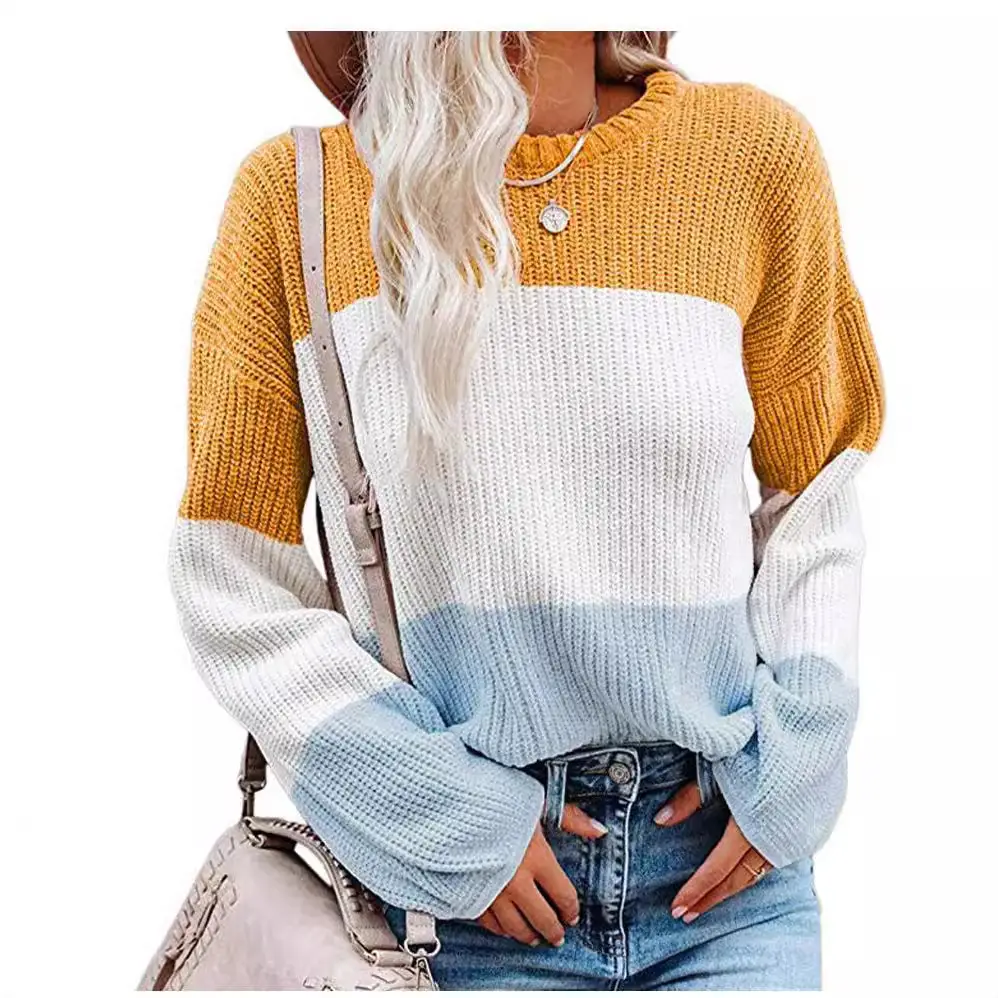 Women Knitted Lantern Sleeve Sweater Beige Blue White - Image 12