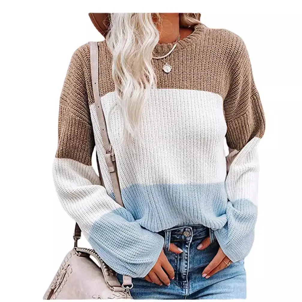 Women Knitted Lantern Sleeve Sweater Beige Blue White - Image 13