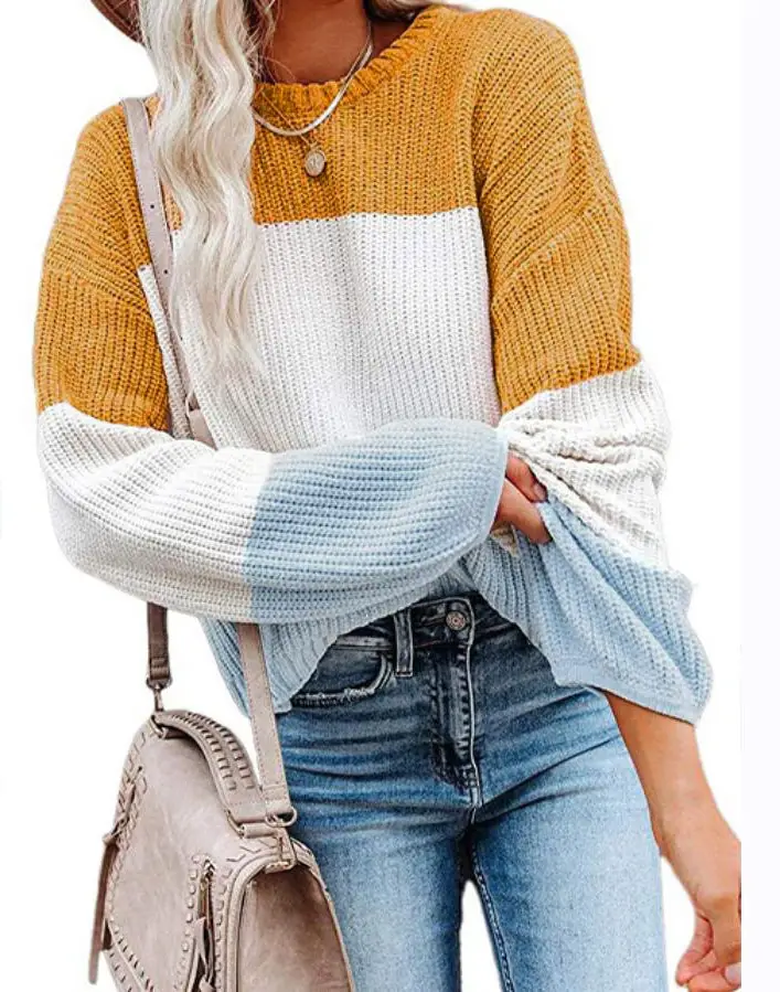 Women Knitted Lantern Sleeve Sweater Beige Blue White - Image 2
