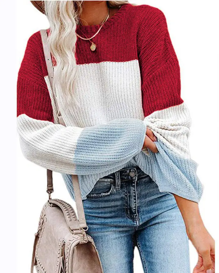 Women Knitted Lantern Sleeve Sweater Beige Blue White - Image 3