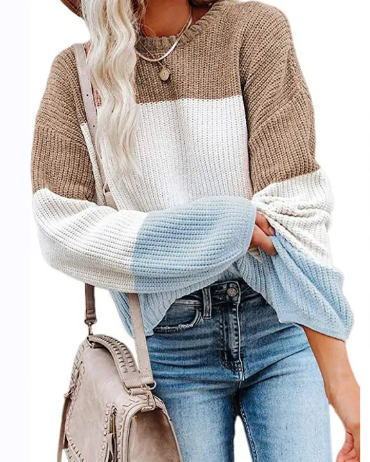 Women Knitted Lantern Sleeve Sweater Beige Blue White - Image 6