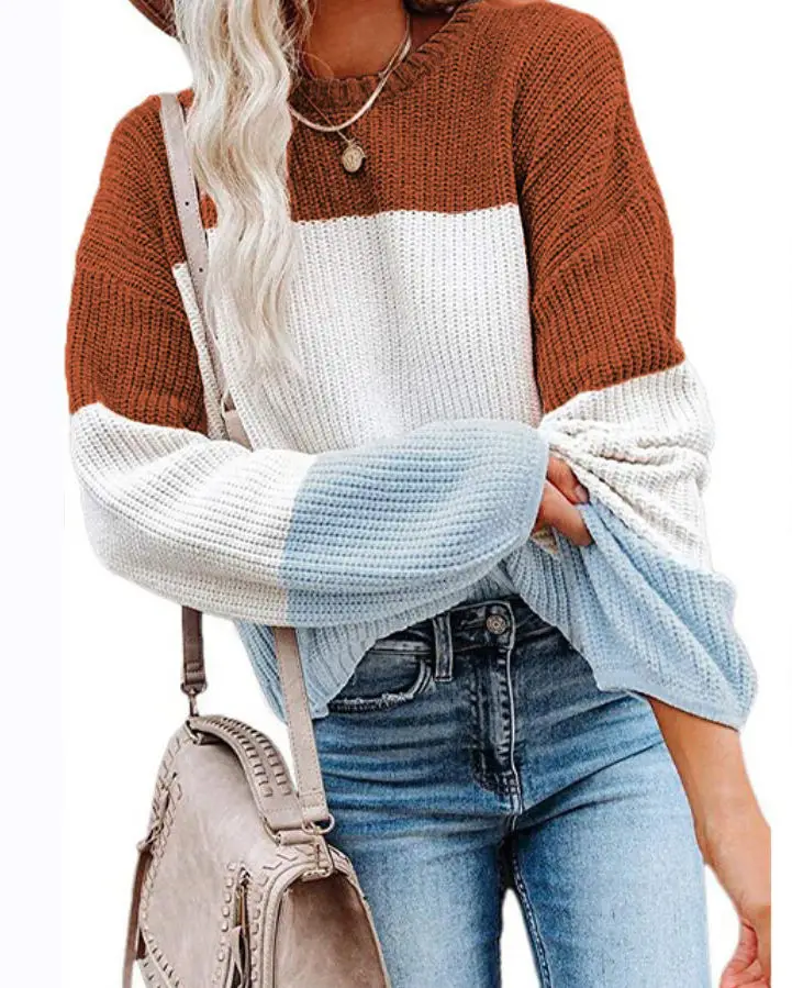 Women Knitted Lantern Sleeve Sweater Beige Blue White - Image 8