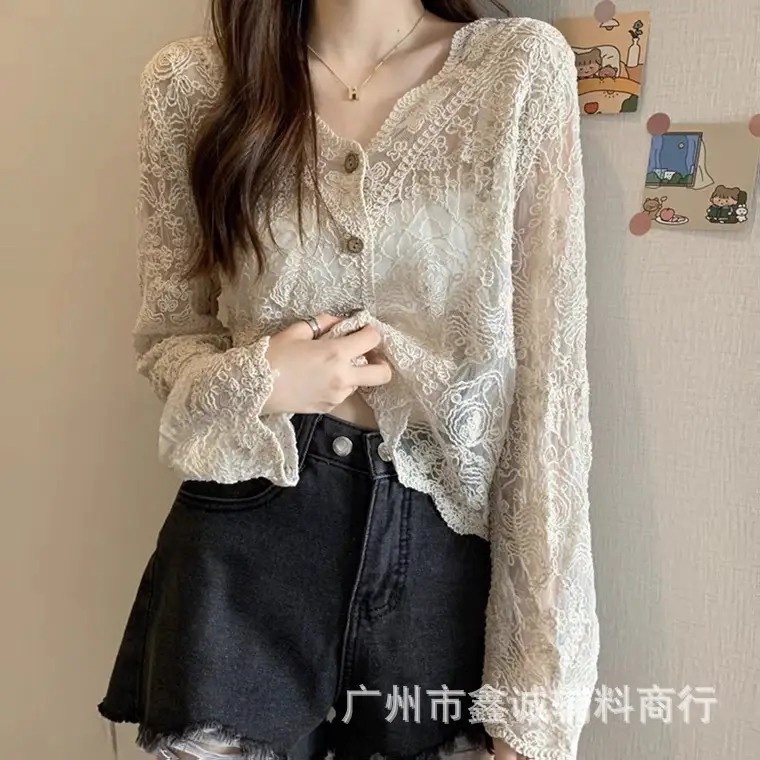 Autumn Lace White Crochet Shirt Women College Style - Image 5