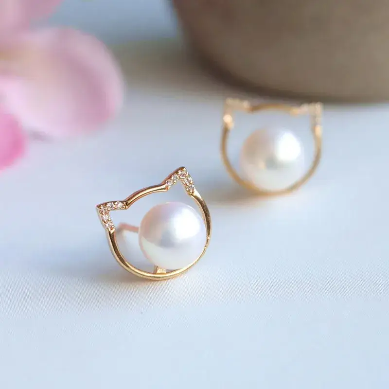 Japanese Cat Earrings Pearl Gold Jewelry Gift - Image 3
