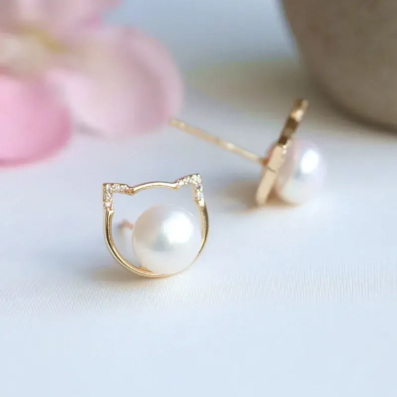 Japanese Cat Earrings Pearl Gold Jewelry Gift - Image 4