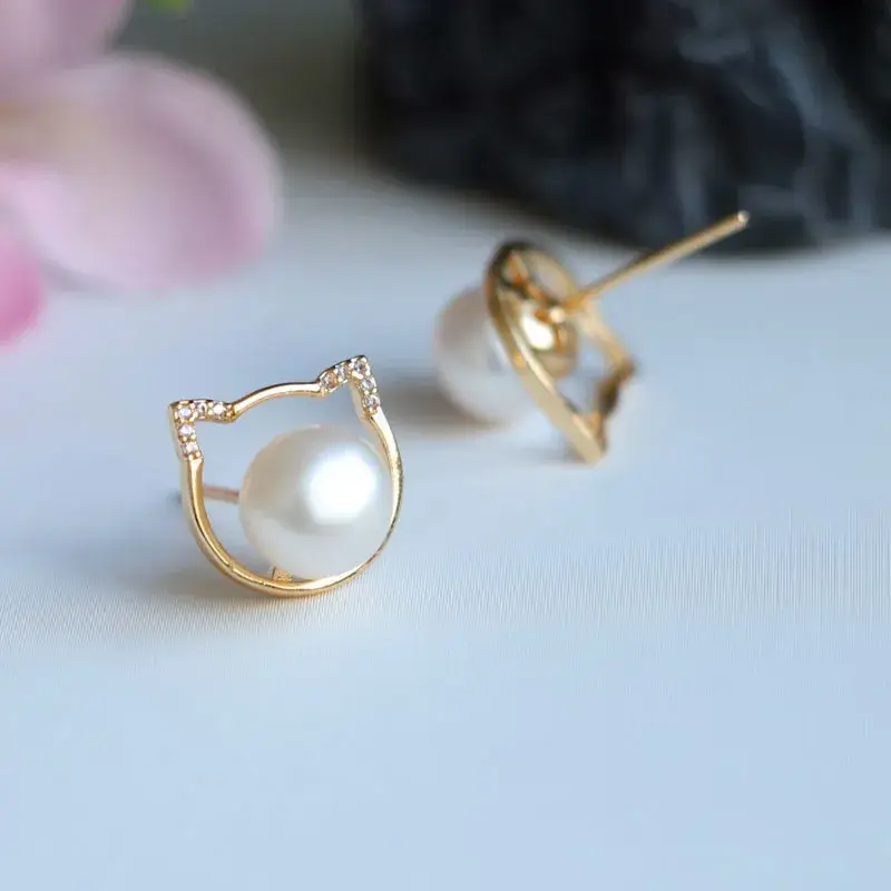 Japanese Cat Earrings Pearl Gold Jewelry Gift - Image 5
