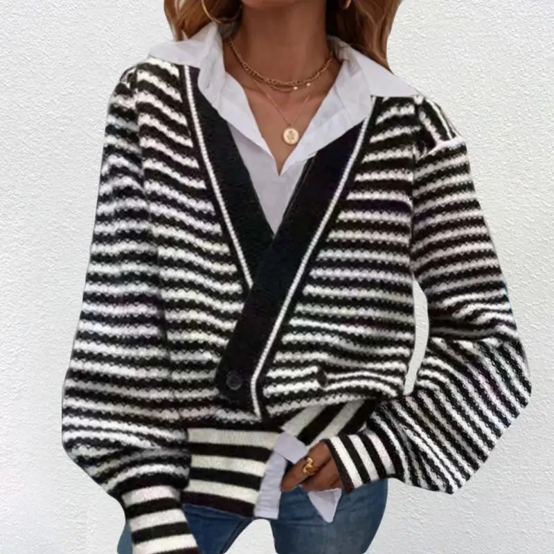 2021 Women's Striped Knit Sweater Jacket Black White - Image 3