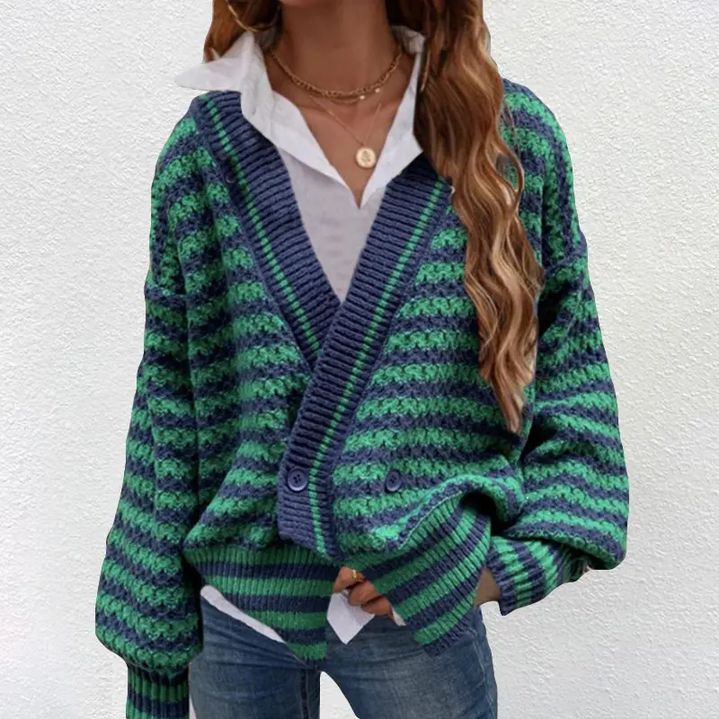 2021 Women's Striped Knit Sweater Jacket Black White - Image 2