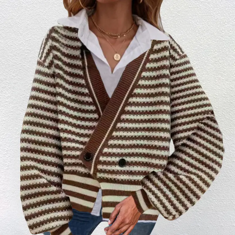 2021 Women's Striped Knit Sweater Jacket Black White - Image 4