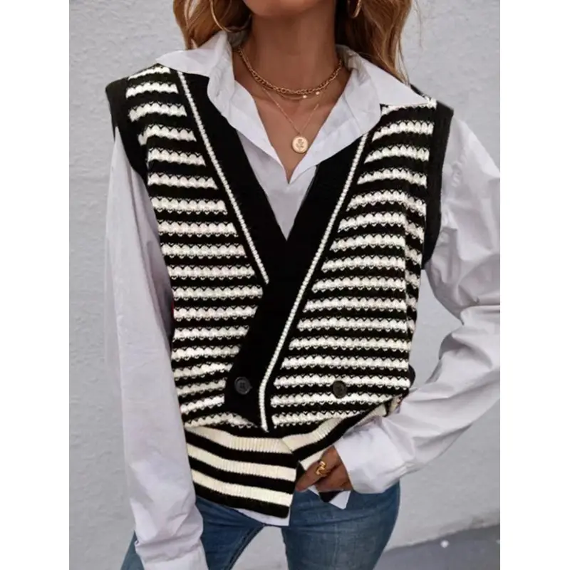 2021 Women's Striped Knit Sweater Jacket Black White - Image 5