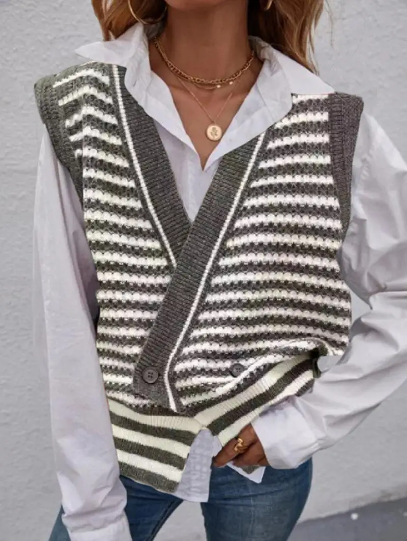 2021 Women's Striped Knit Sweater Jacket Black White - Image 6