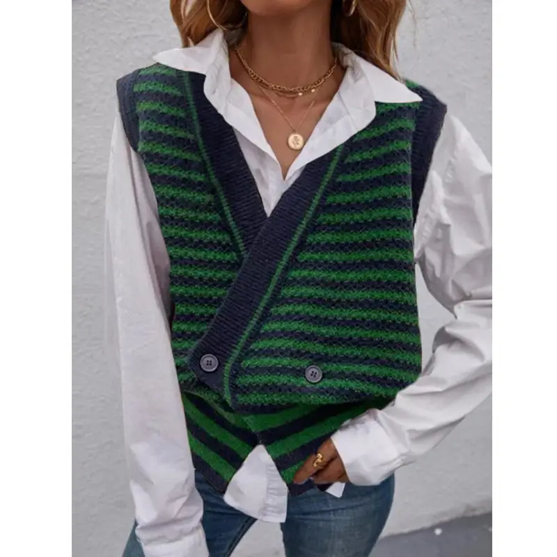 2021 Women's Striped Knit Sweater Jacket Black White - Image 7