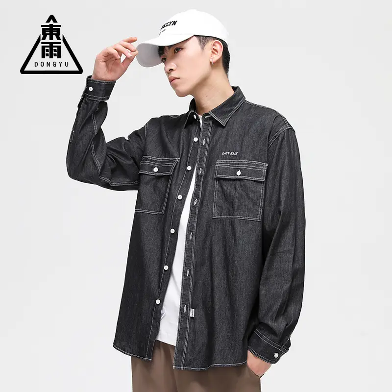 Dongyu Men Denim Shirt Blue Slim Fit Long Sleeve