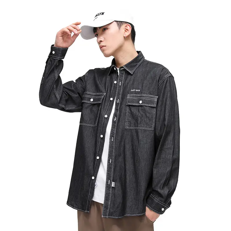 Dongyu Men Denim Shirt Blue Slim Fit Long Sleeve