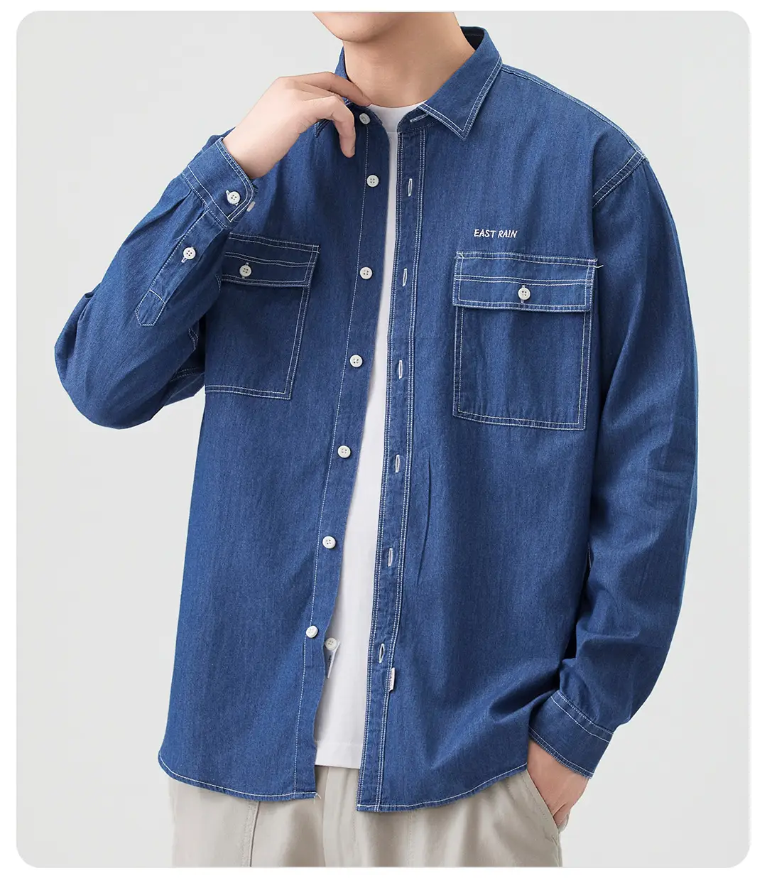 Dongyu Men Denim Shirt Blue Slim Fit Long Sleeve — feature 13
