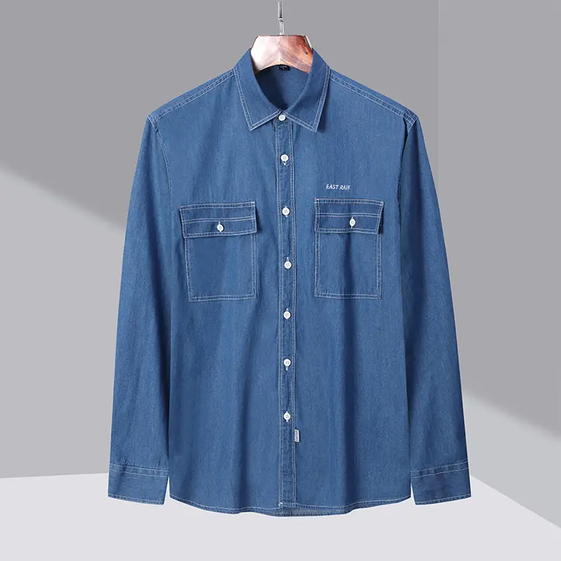 Dongyu Men Denim Shirt Blue Slim Fit Long Sleeve