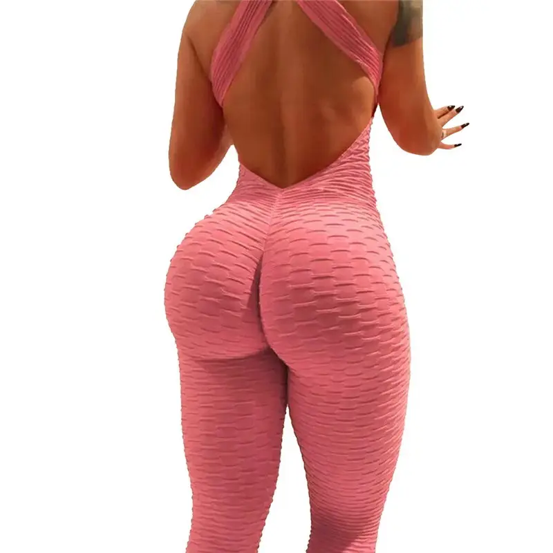 Pink Crossbody Yoga Jumpsuit Backless Cross Tight Sports Fit - Image 7
