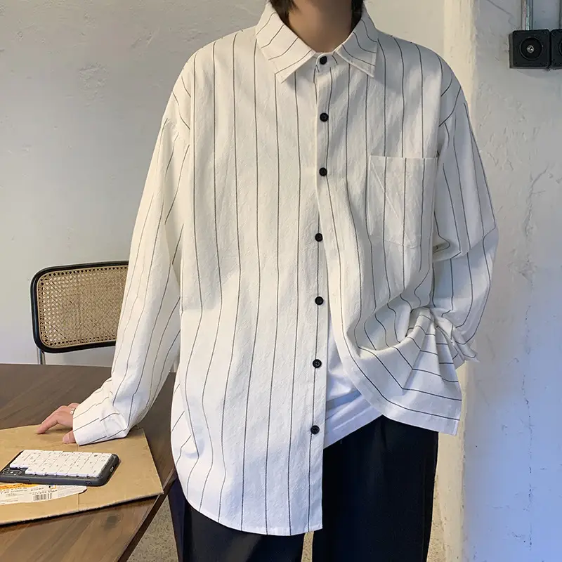 Men Striped Long Sleeve Shirt Black White Loose Casual - Image 5
