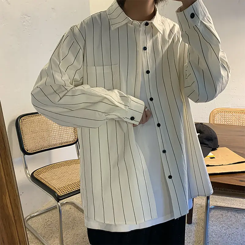Men Striped Long Sleeve Shirt Black White Loose Casual - Image 6