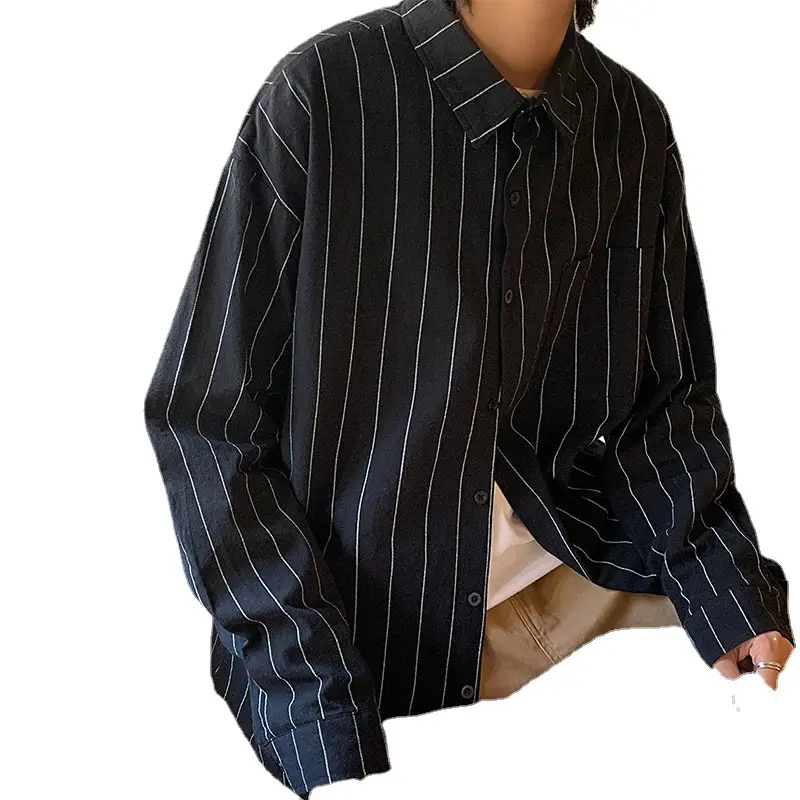 Men Striped Long Sleeve Shirt Black White Loose Casual - Image 7