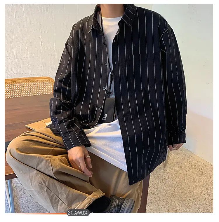 Men Striped Long Sleeve Shirt Black White Loose Casual — feature 1