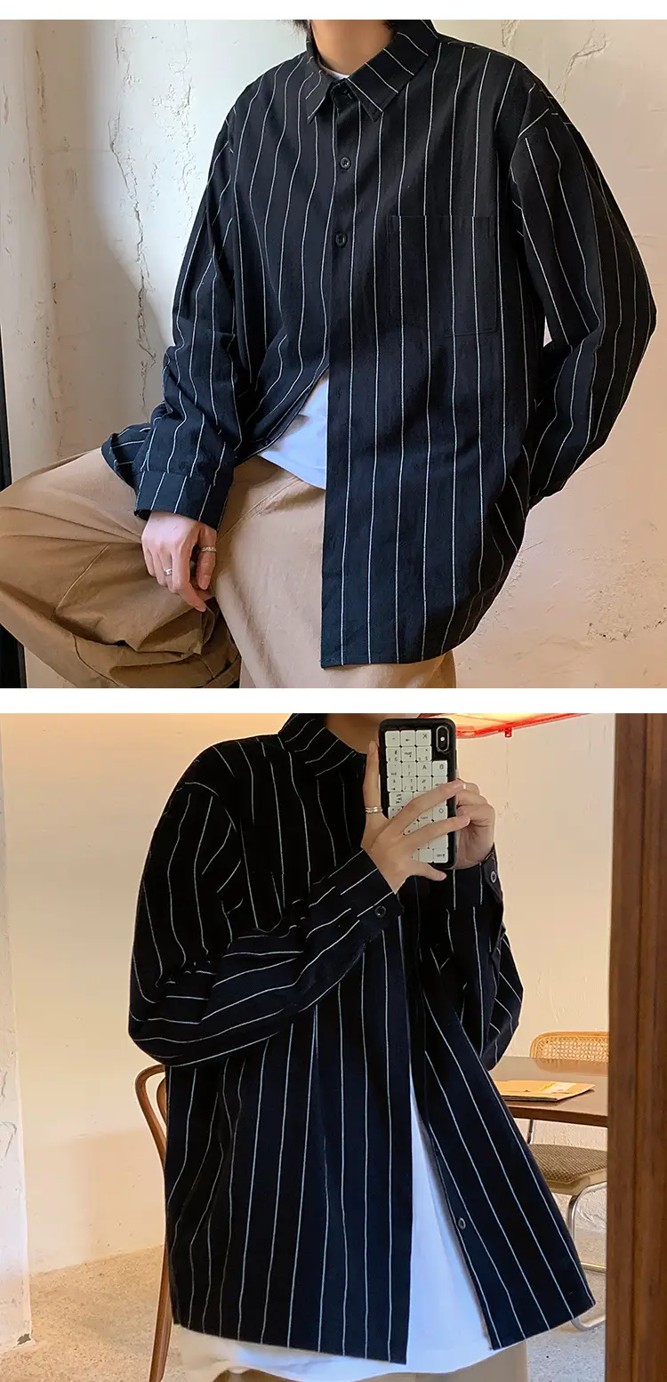 Men Striped Long Sleeve Shirt Black White Loose Casual — feature 10