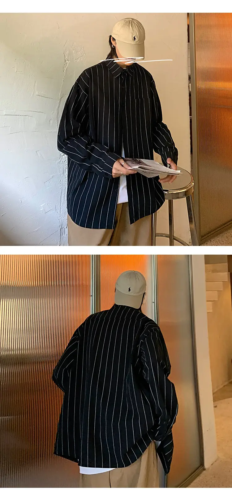 Men Striped Long Sleeve Shirt Black White Loose Casual — feature 11