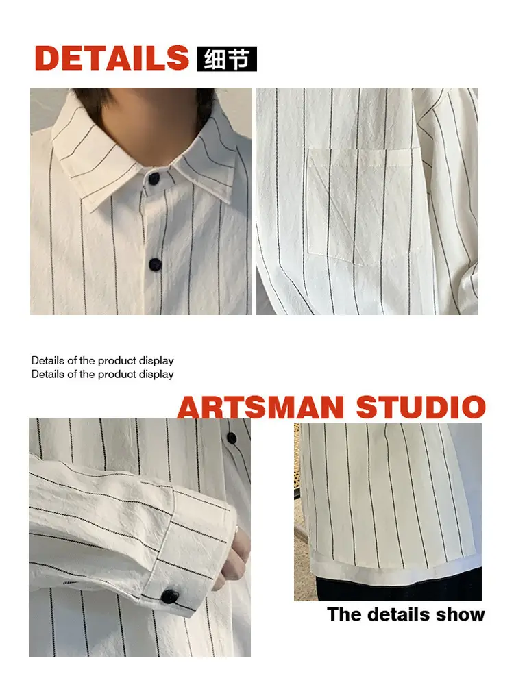 Men Striped Long Sleeve Shirt Black White Loose Casual — feature 3