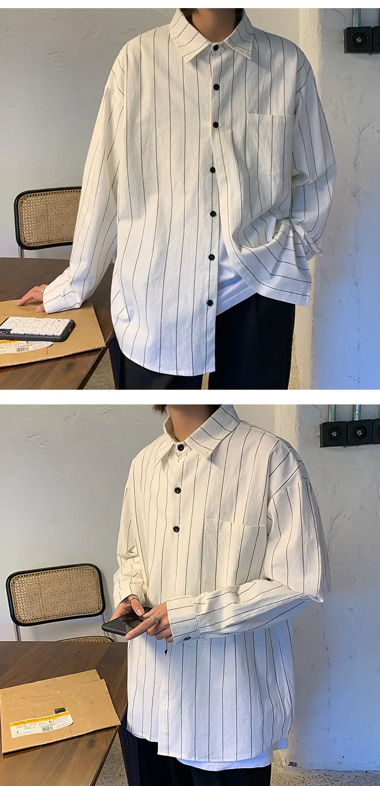 Men Striped Long Sleeve Shirt Black White Loose Casual — feature 4