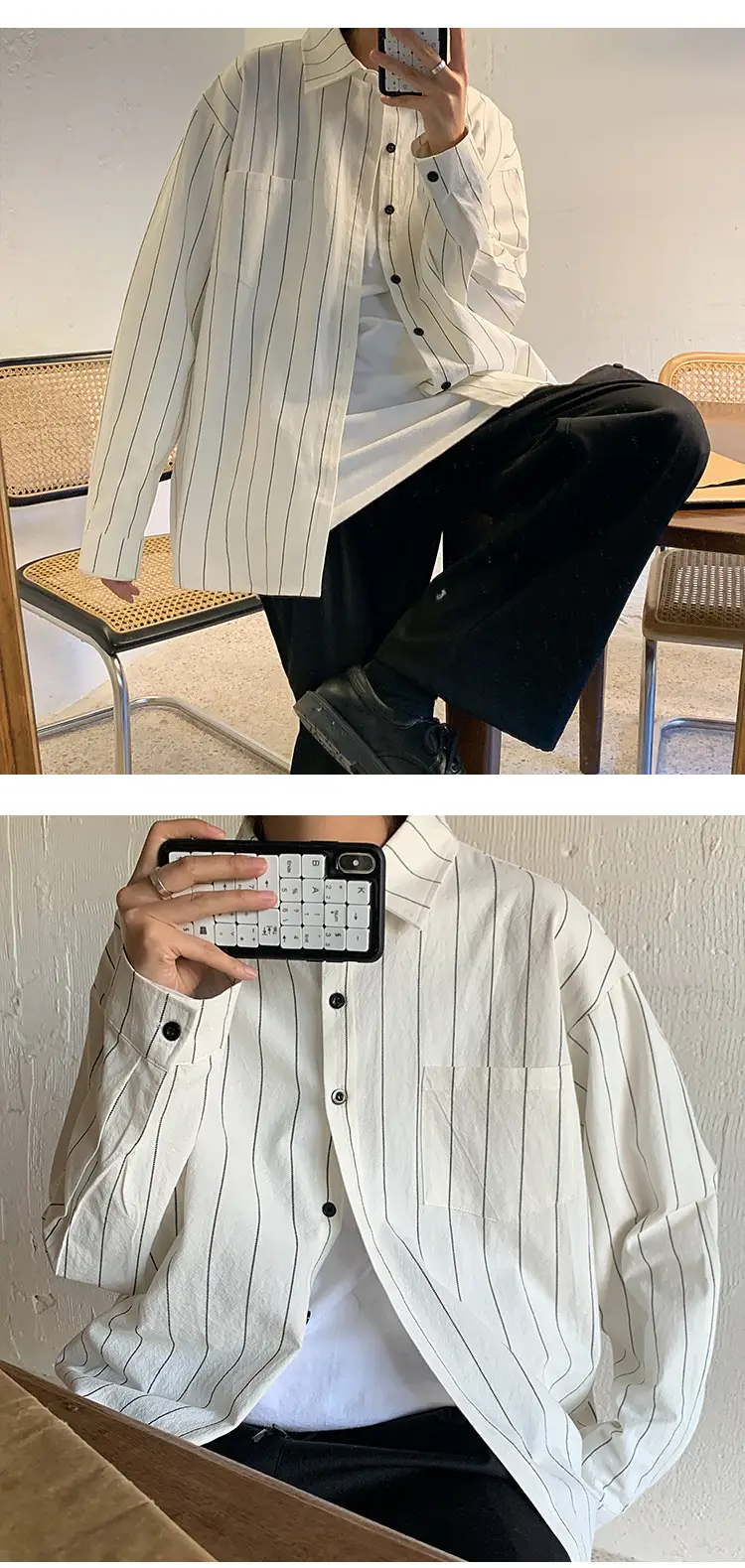 Men Striped Long Sleeve Shirt Black White Loose Casual — feature 5