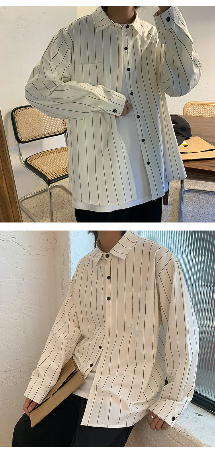 Men Striped Long Sleeve Shirt Black White Loose Casual — feature 6