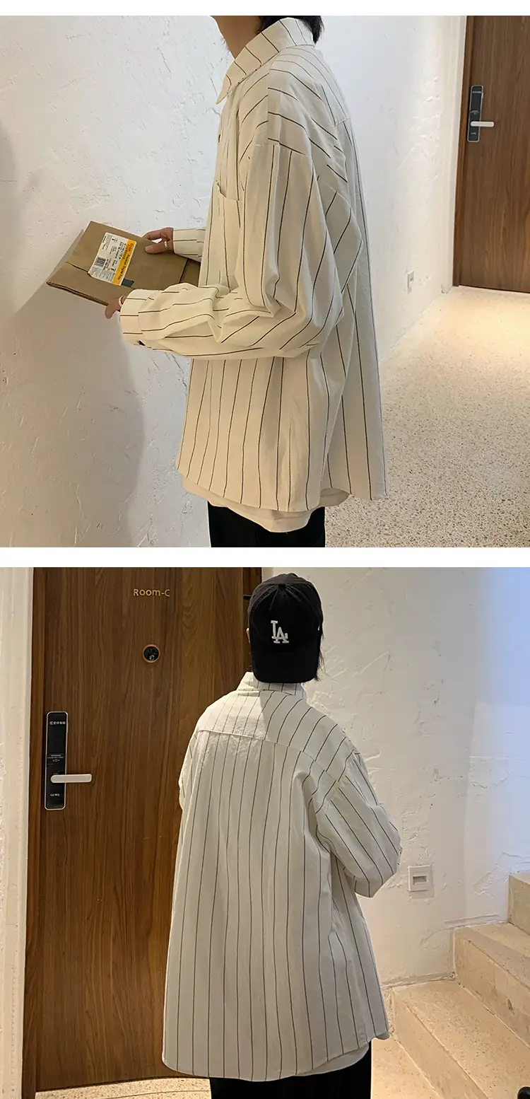 Men Striped Long Sleeve Shirt Black White Loose Casual — feature 7