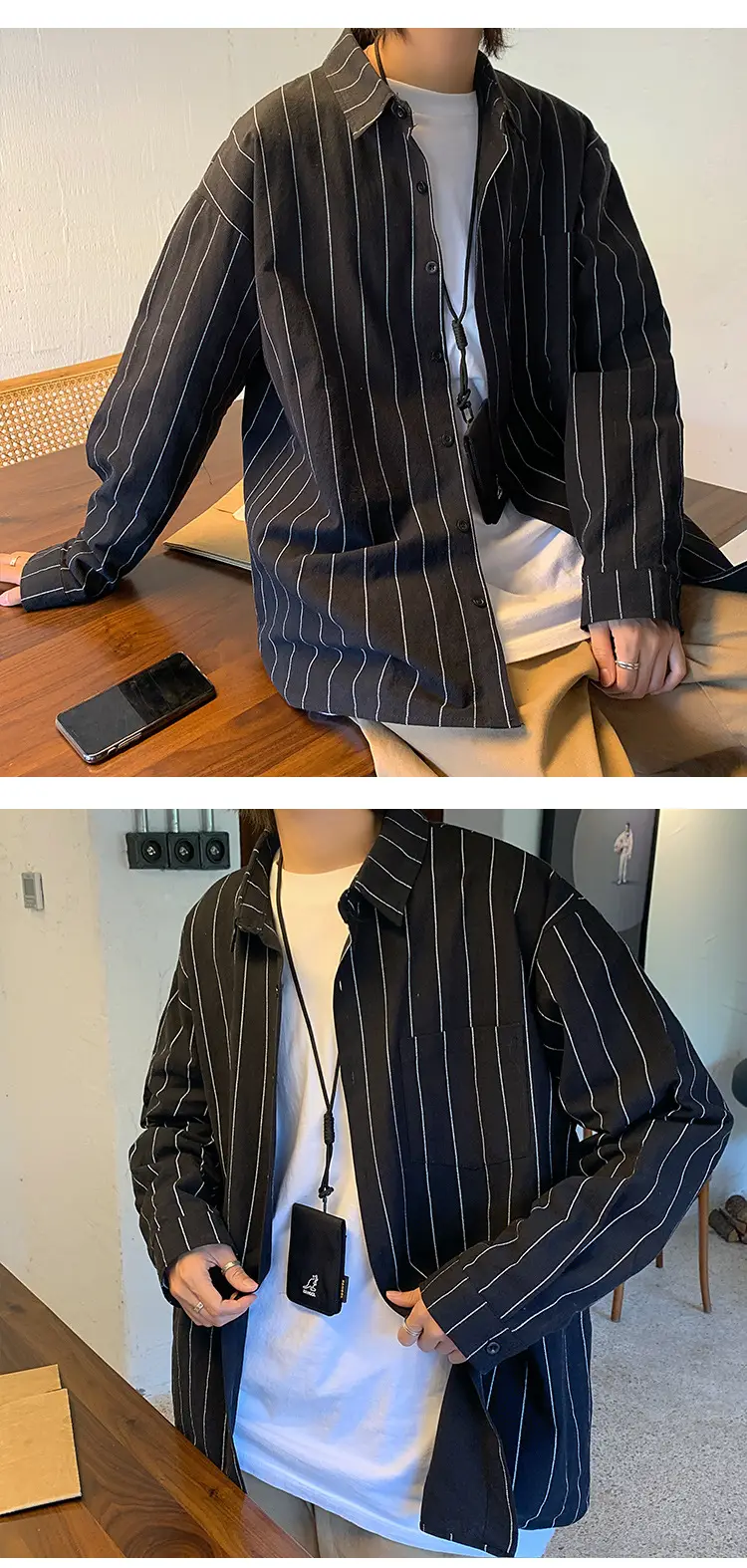 Men Striped Long Sleeve Shirt Black White Loose Casual — feature 8