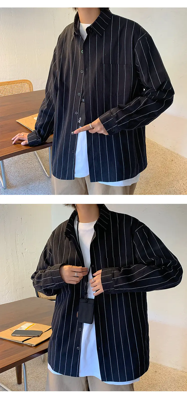 Men Striped Long Sleeve Shirt Black White Loose Casual — feature 9